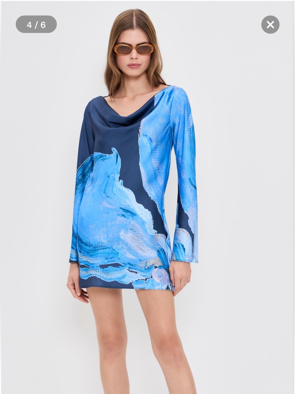 Cowl-Neck Blue Abstract Print Mini Dress
